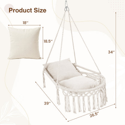 Macrame Swing Chair With 2 Removable Cushions, Beige Porch Swings at Gallery Canada
