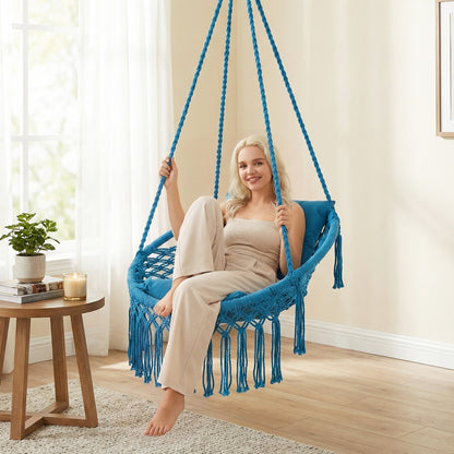 Macrame Swing Chair With 2 Removable Cushions, Navy Porch Swings at Gallery Canada