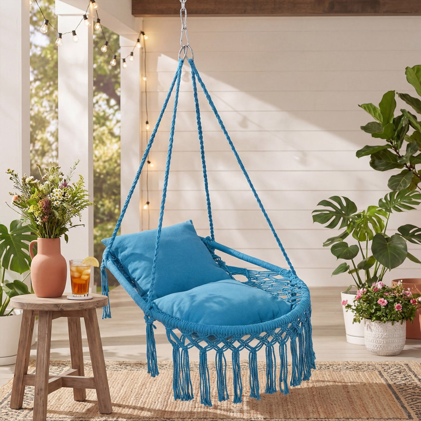 Macrame Swing Chair With 2 Removable Cushions, Navy Porch Swings at Gallery Canada