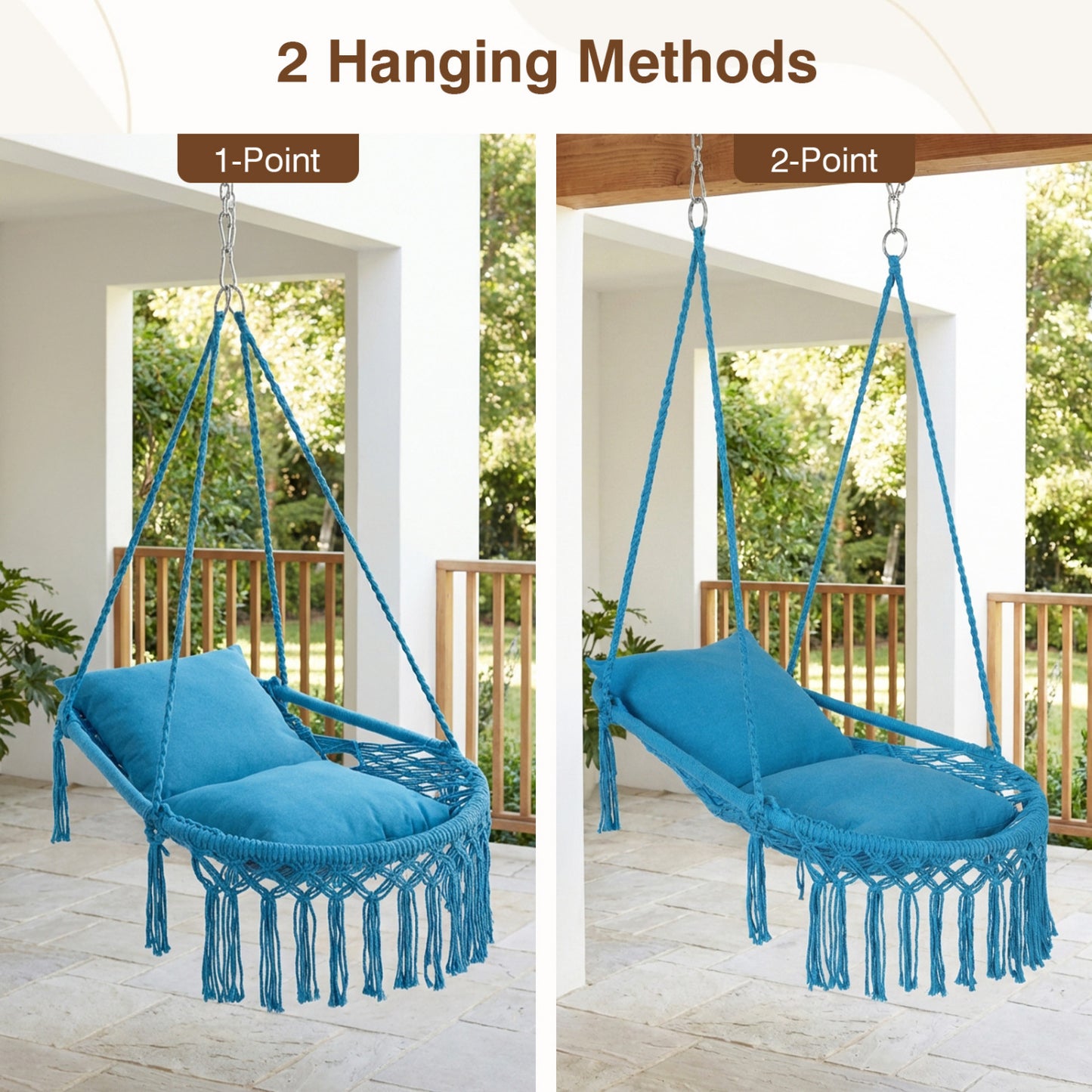 Macrame Swing Chair With 2 Removable Cushions, Navy Porch Swings at Gallery Canada