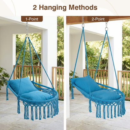 Macrame Swing Chair With 2 Removable Cushions, Navy Porch Swings at Gallery Canada