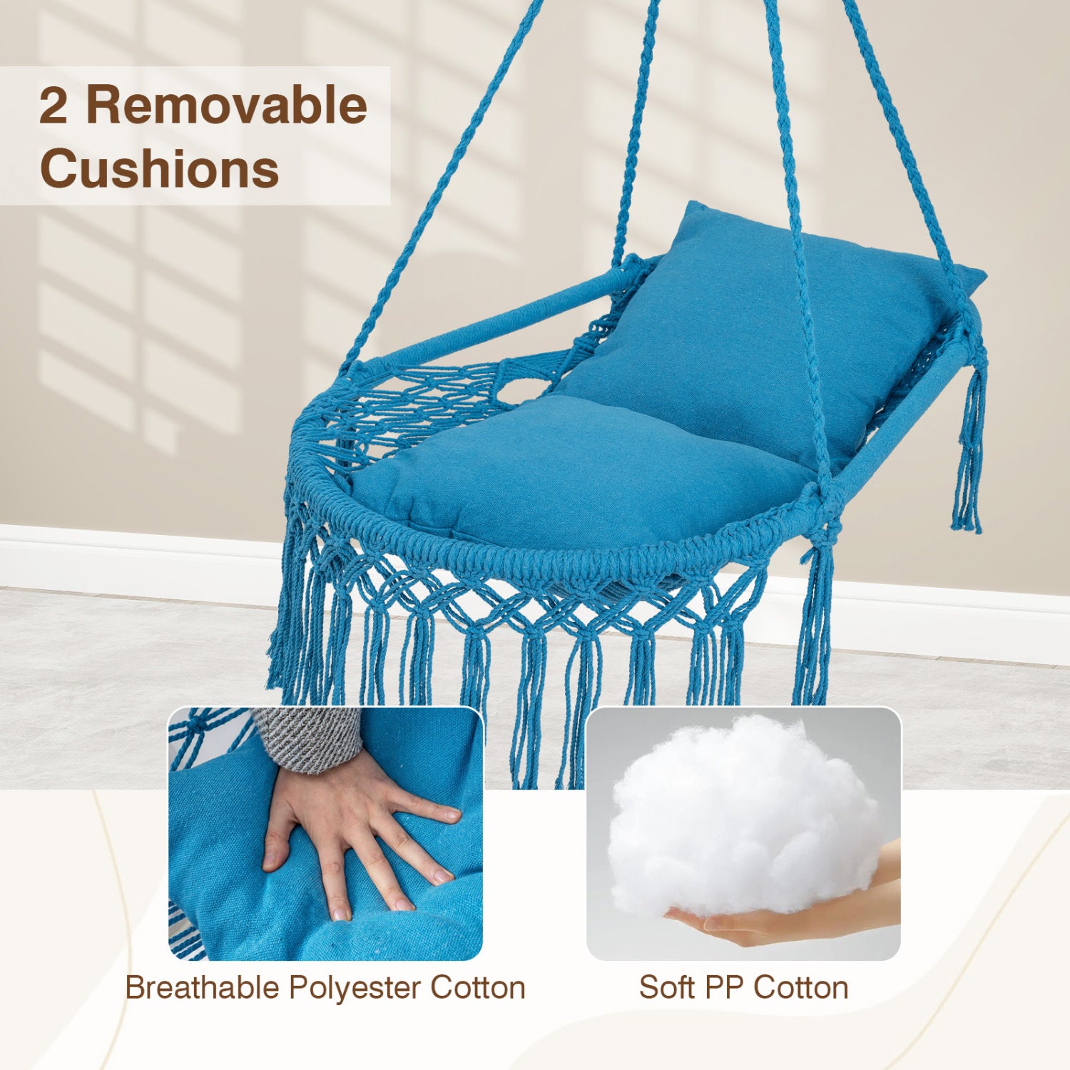 Macrame Swing Chair With 2 Removable Cushions, Navy Porch Swings at Gallery Canada