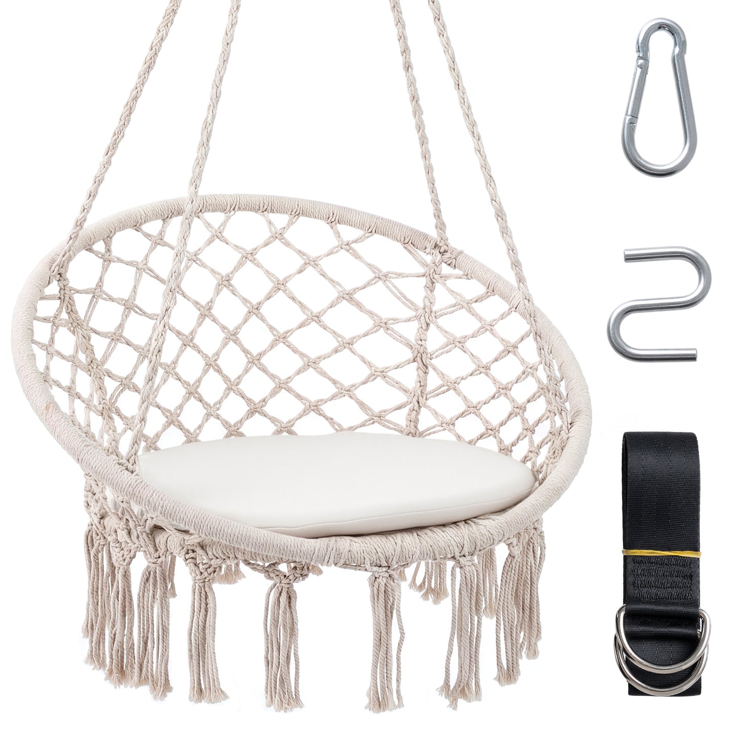 Macrame Swing Hammock Chair With Round Seat Cushion, Beige Hammocks Beige at Gallery Canada