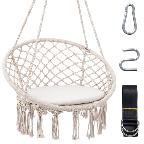 Macrame Swing Hammock Chair With Round Seat Cushion, Beige