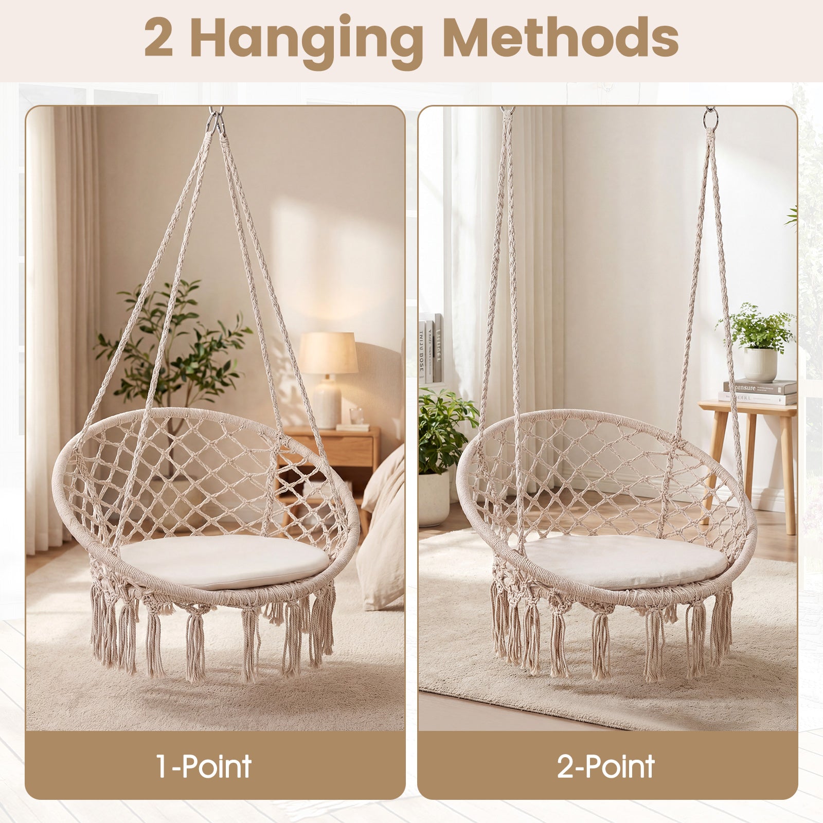 Macrame Swing Hammock Chair With Round Seat Cushion, Beige Hammocks at Gallery Canada