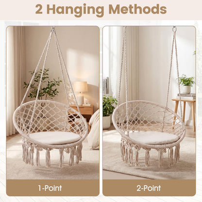 Macrame Swing Hammock Chair With Round Seat Cushion, Beige Hammocks at Gallery Canada