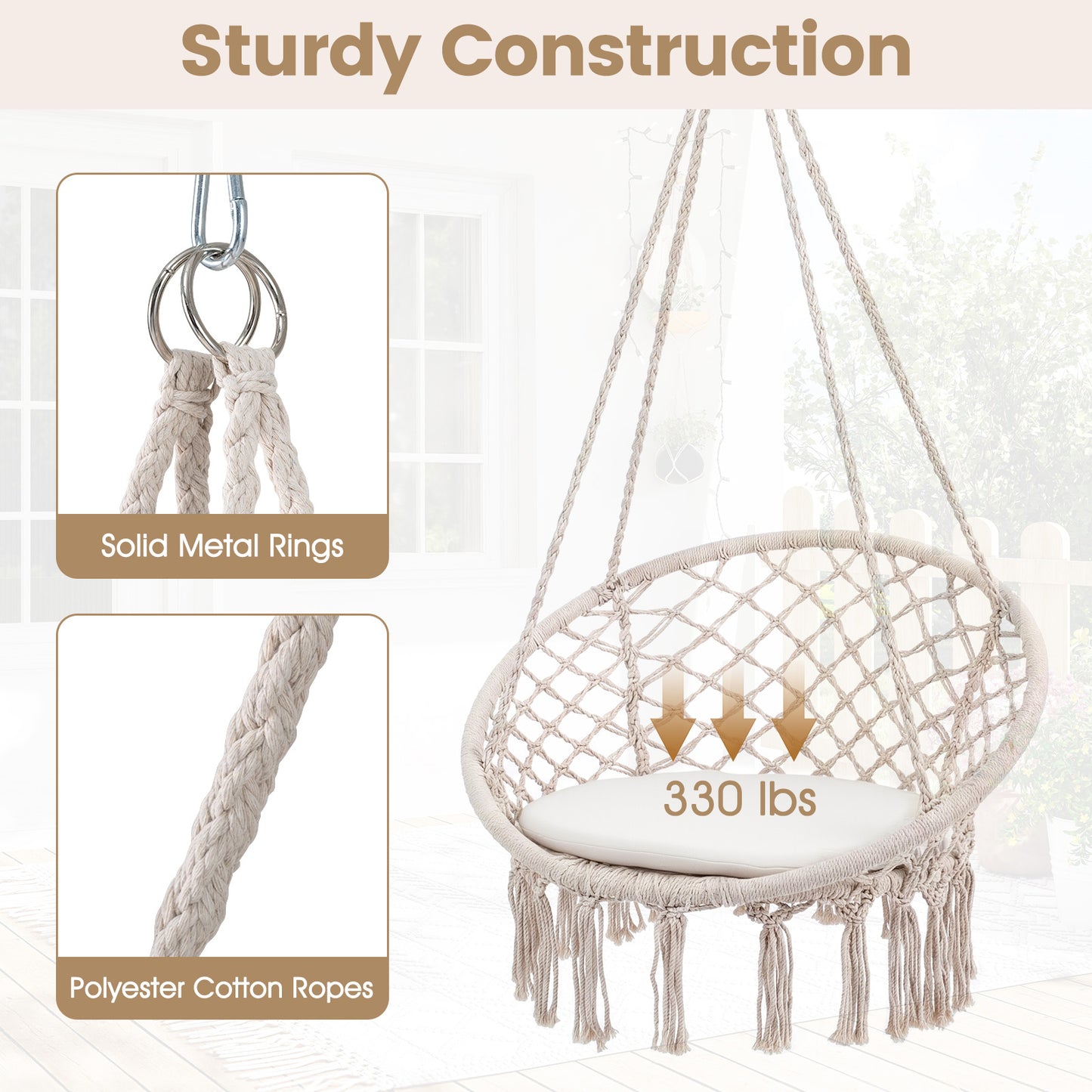 Macrame Swing Hammock Chair With Round Seat Cushion, Beige Hammocks at Gallery Canada