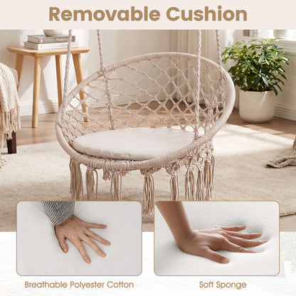Macrame Swing Hammock Chair With Round Seat Cushion, Beige Hammocks at Gallery Canada