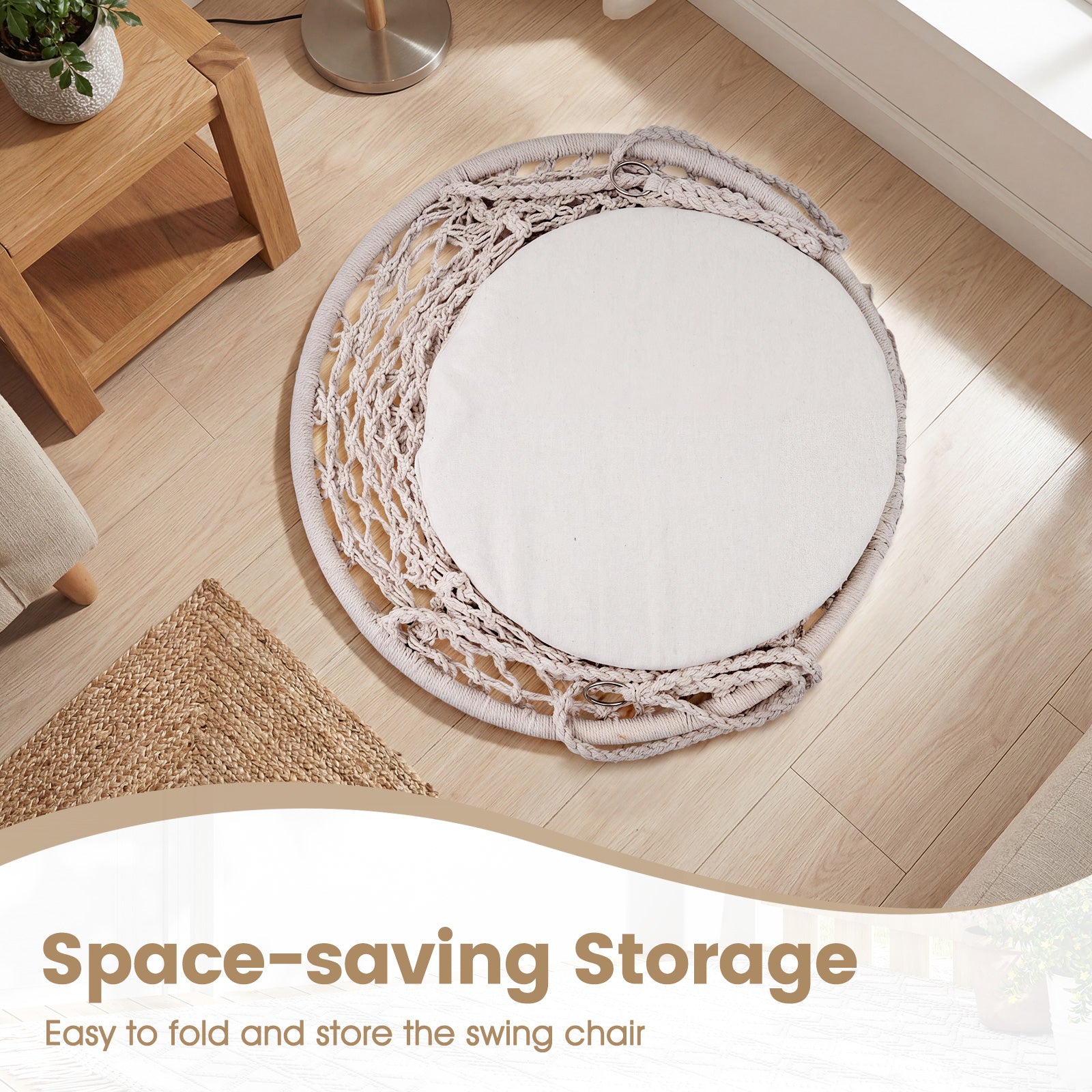 Macrame Swing Hammock Chair With Round Seat Cushion, Beige Hammocks at Gallery Canada