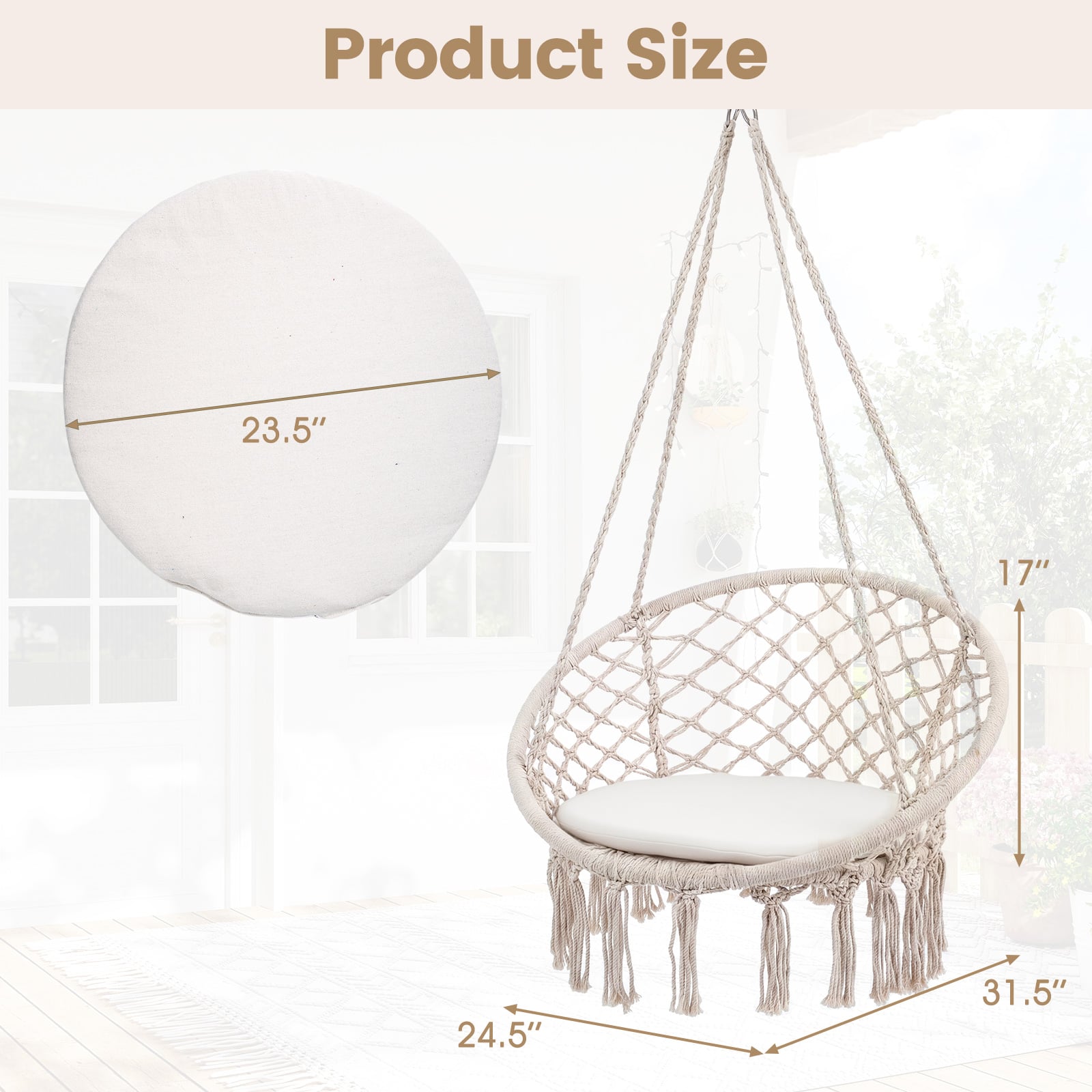 Macrame Swing Hammock Chair With Round Seat Cushion, Beige Hammocks at Gallery Canada