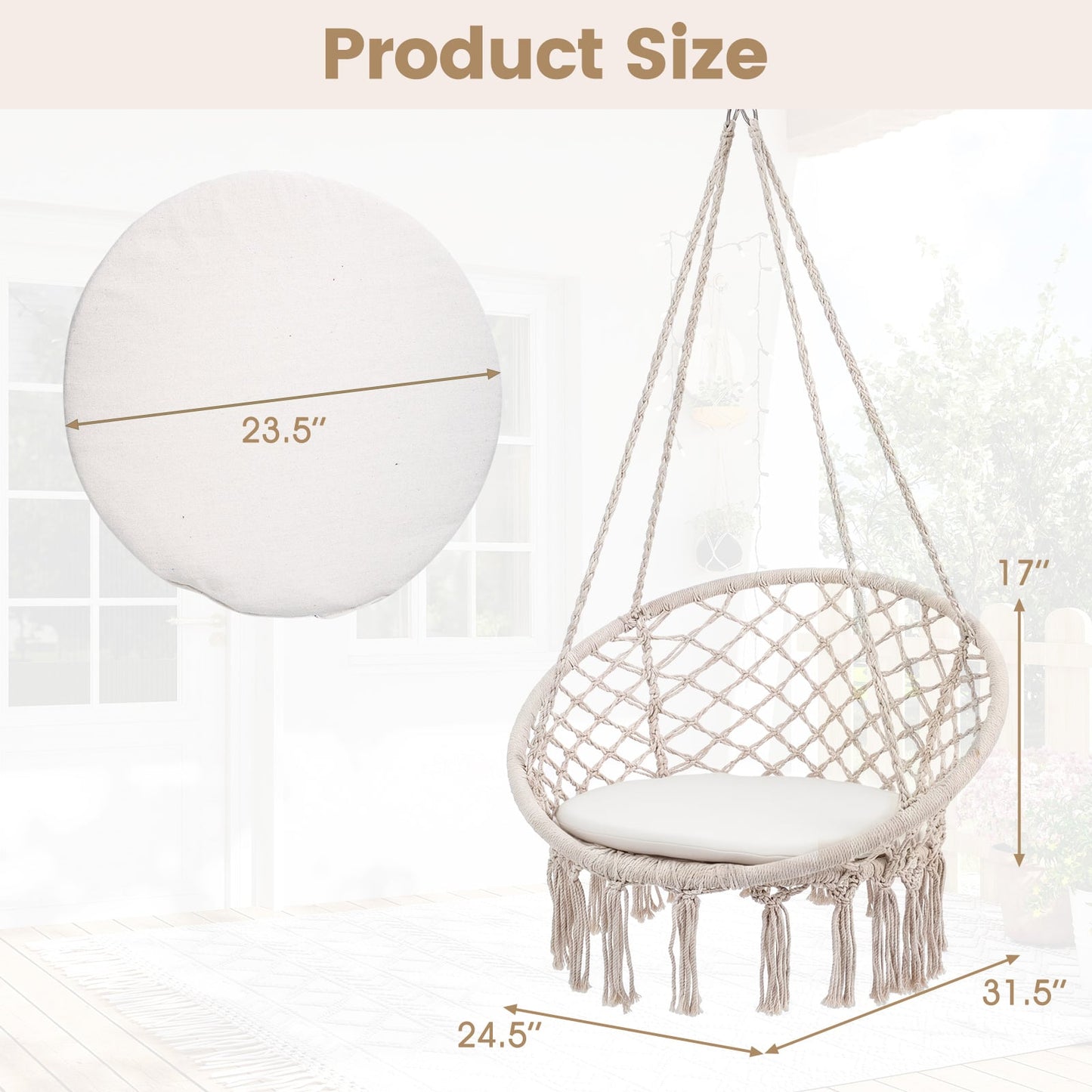 Macrame Swing Hammock Chair With Round Seat Cushion, Beige Hammocks at Gallery Canada
