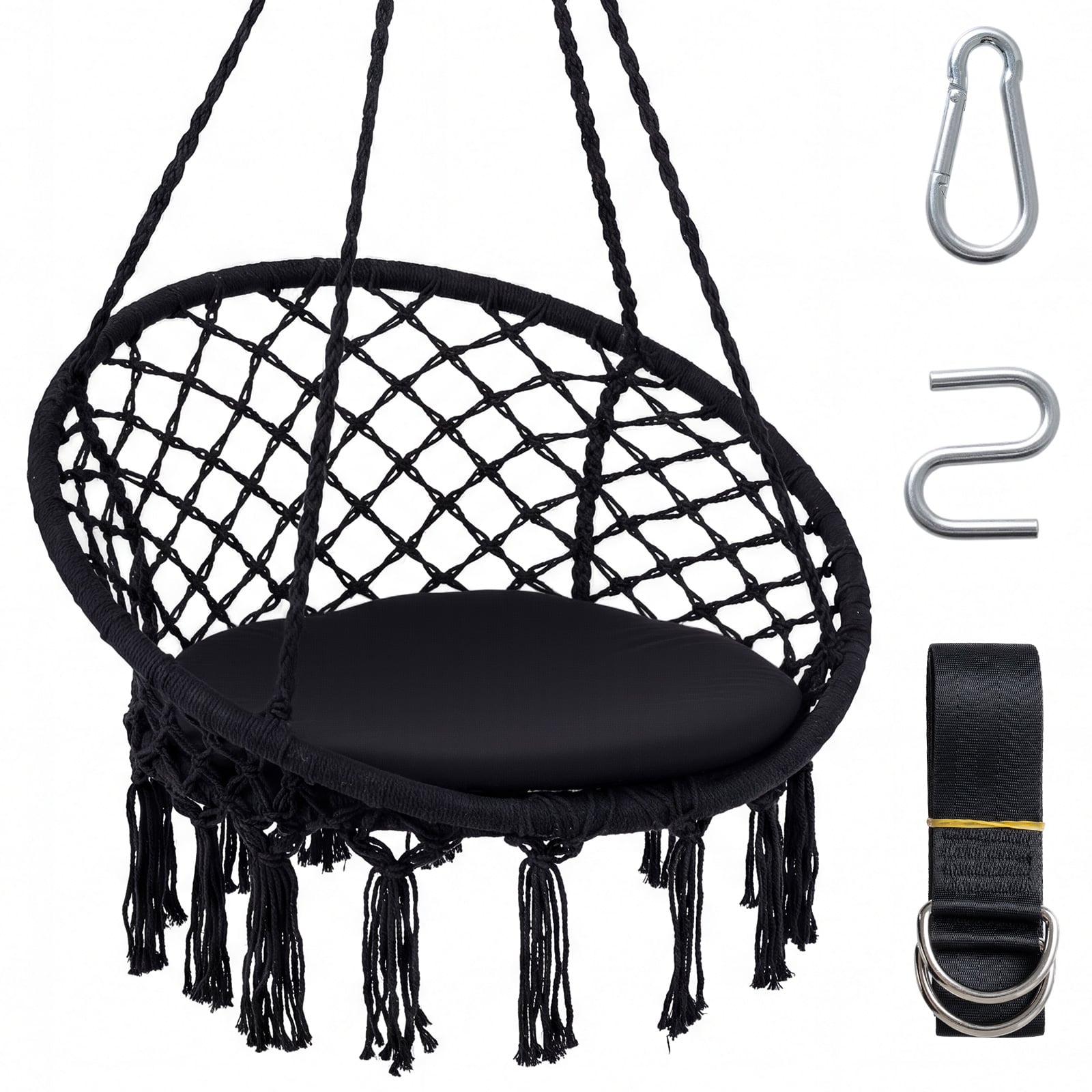 Macrame Swing Chair With Round Seat Cushion, Black Hammocks Black at Gallery Canada