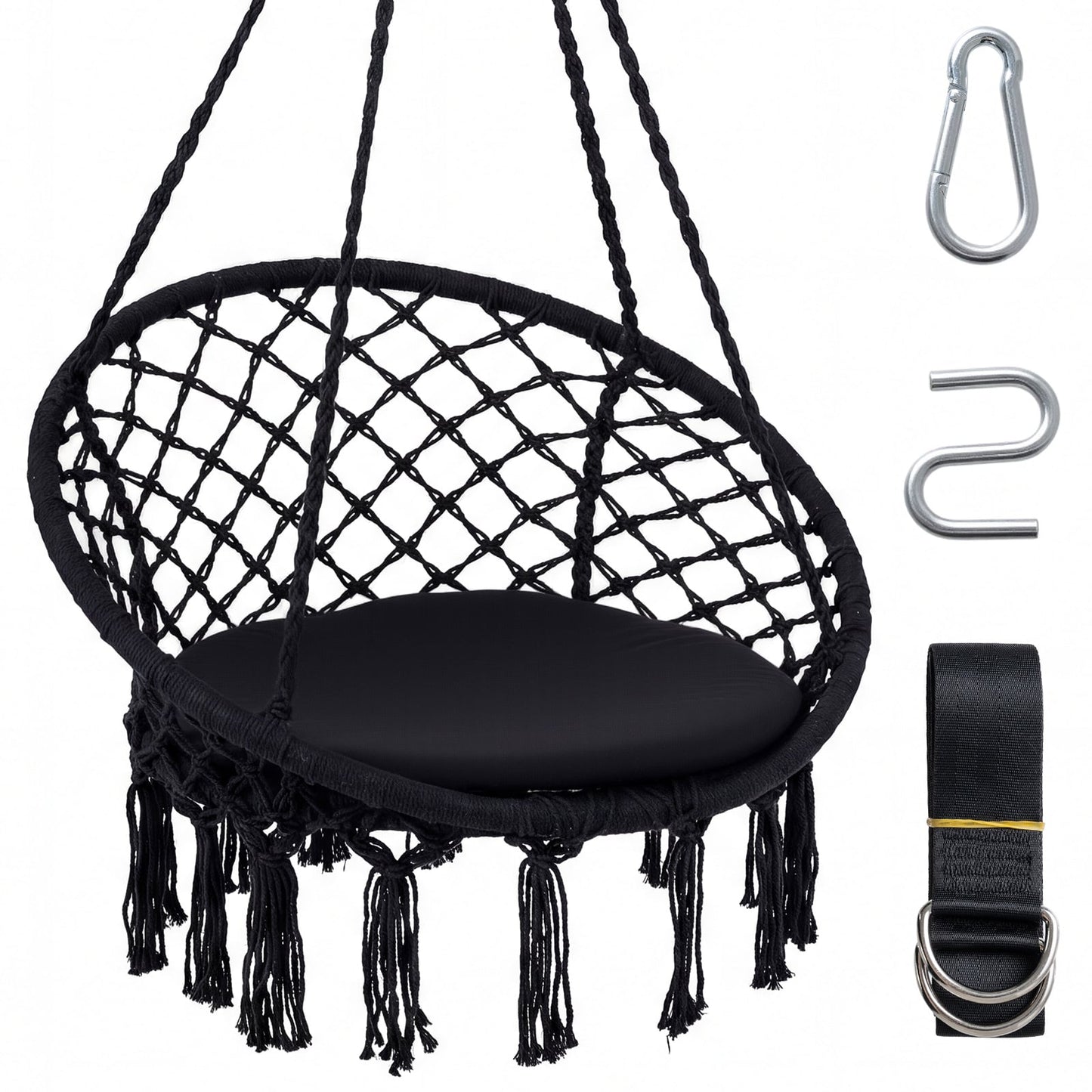 Macrame Swing Chair With Round Seat Cushion, Black Hammocks Black at Gallery Canada