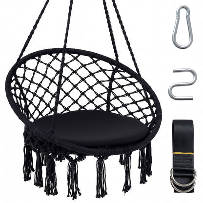 Macrame Swing Chair With Round Seat Cushion, Black Hammocks Black at Gallery Canada