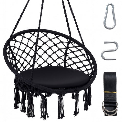 Macrame Swing Chair With Round Seat Cushion, Black