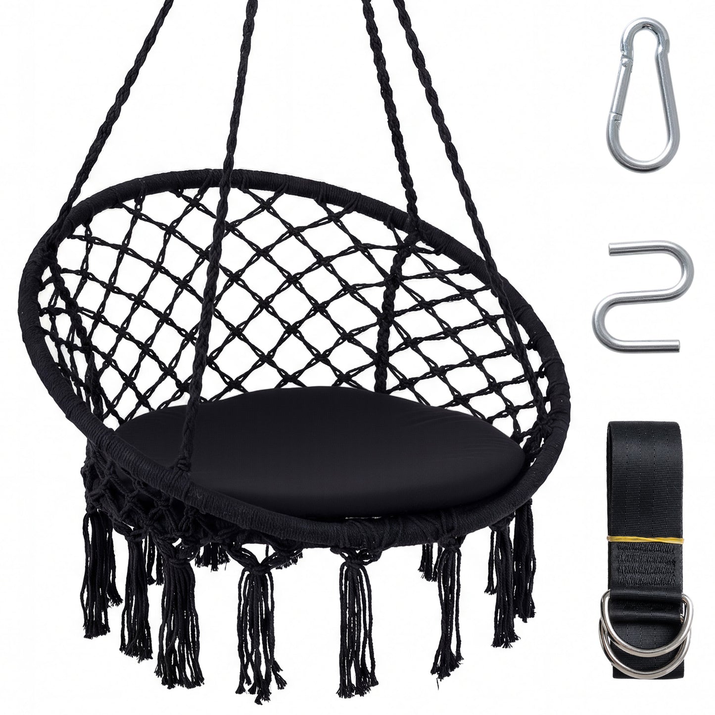 Macrame Swing Chair With Round Seat Cushion, Black Hammocks Black at Gallery Canada