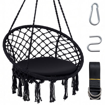 Macrame Swing Chair With Round Seat Cushion, Black Hammocks Black at Gallery Canada
