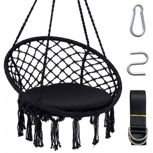 Macrame Swing Chair With Round Seat Cushion, Black Hammocks Black at Gallery Canada