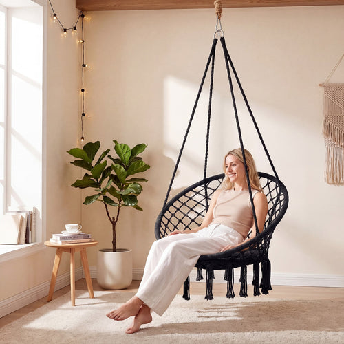 Macrame Swing Chair With Round Seat Cushion, Black