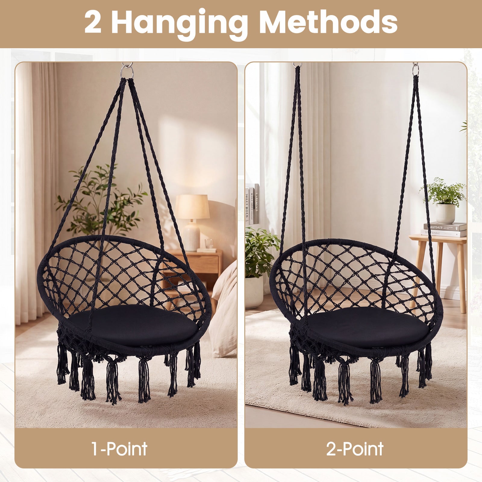 Macrame Swing Chair With Round Seat Cushion, Black Hammocks at Gallery Canada