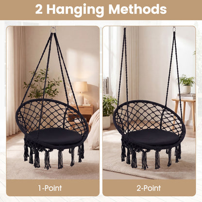 Macrame Swing Chair With Round Seat Cushion, Black Hammocks at Gallery Canada