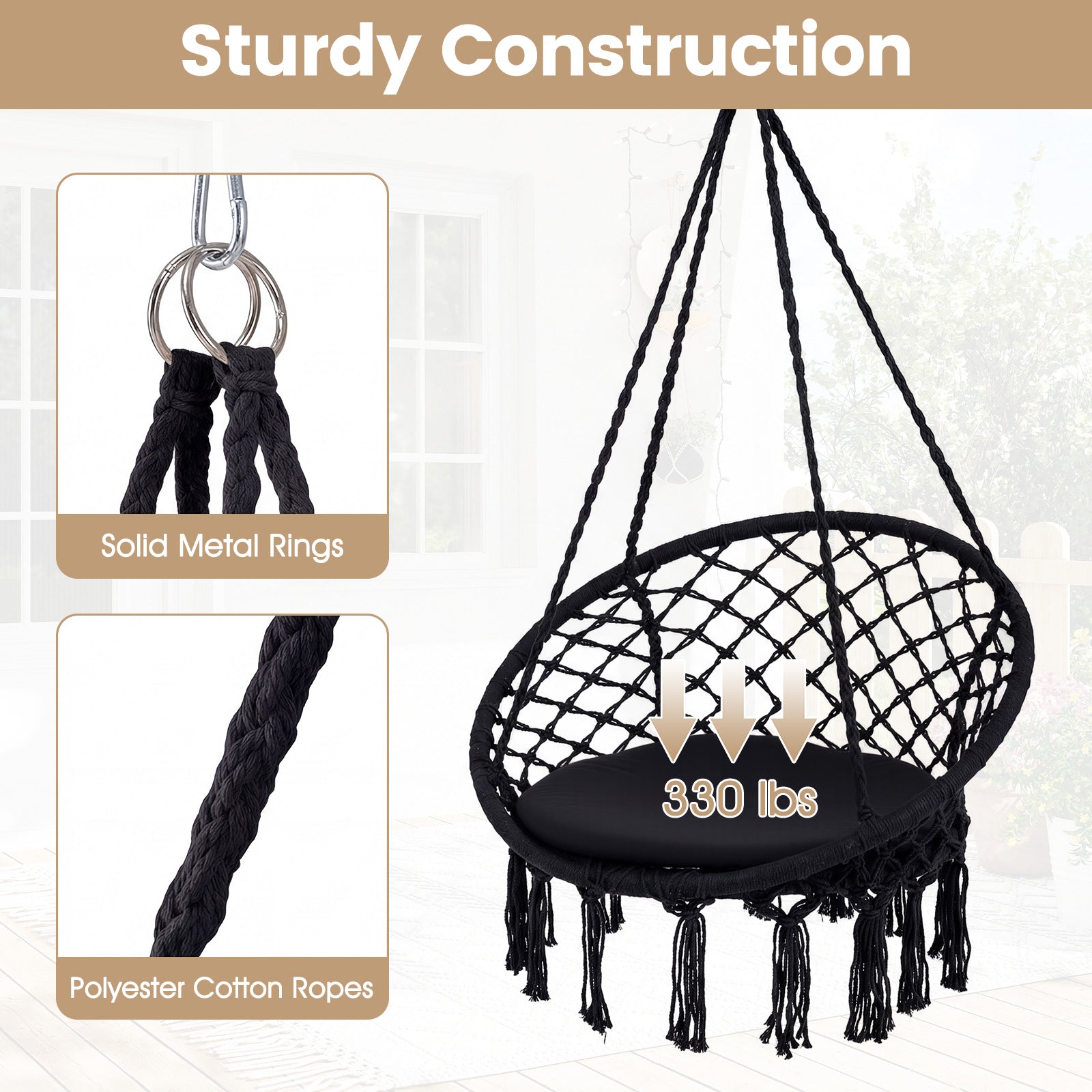 Macrame Swing Chair With Round Seat Cushion, Black Hammocks at Gallery Canada