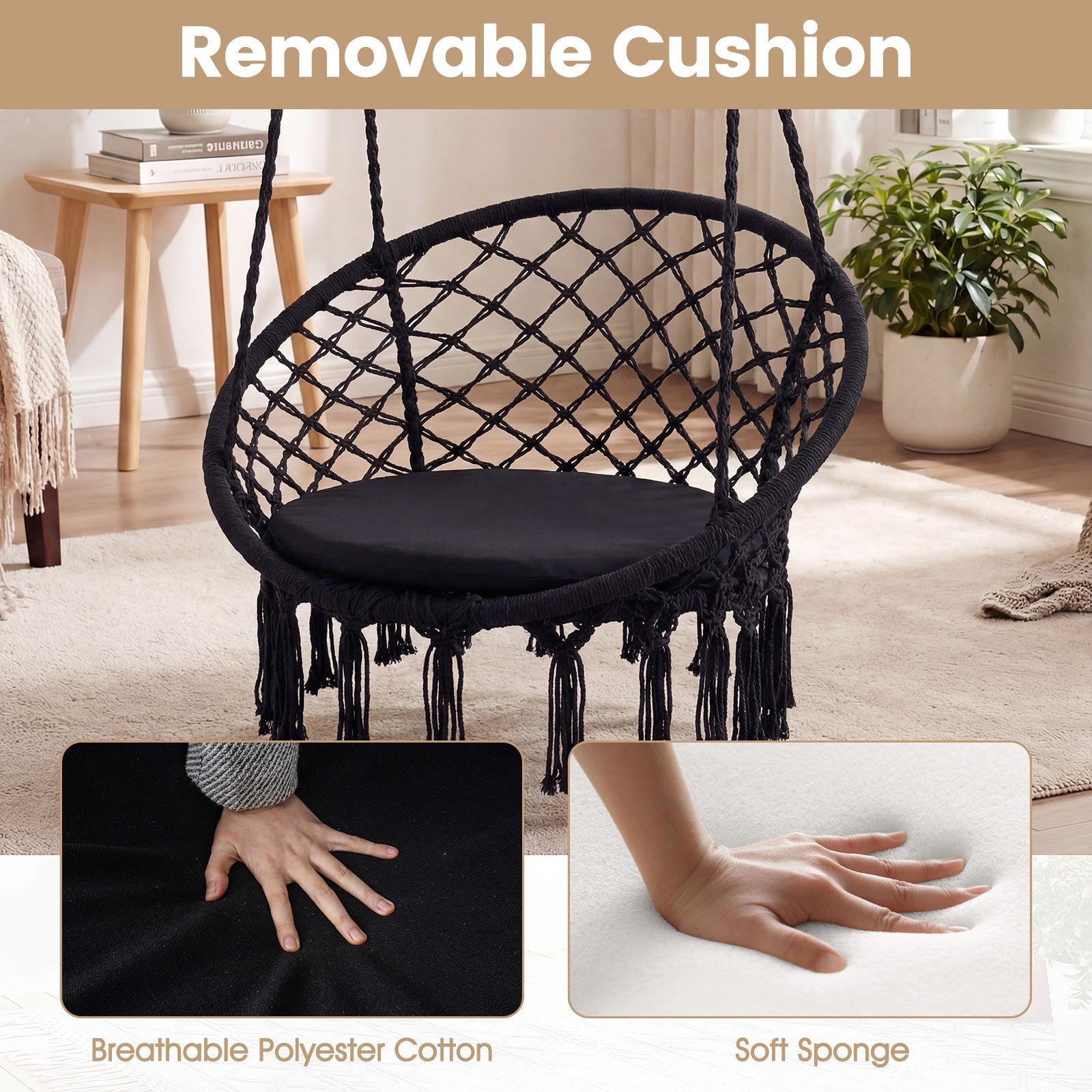 Macrame Swing Chair With Round Seat Cushion, Black Hammocks at Gallery Canada
