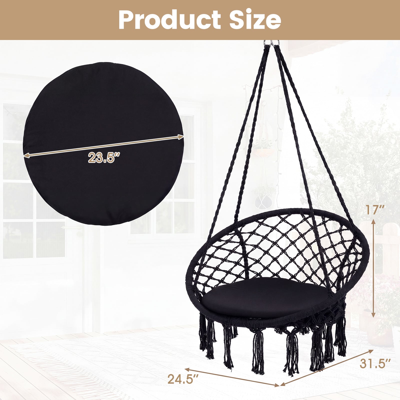 Macrame Swing Chair With Round Seat Cushion, Black Hammocks at Gallery Canada