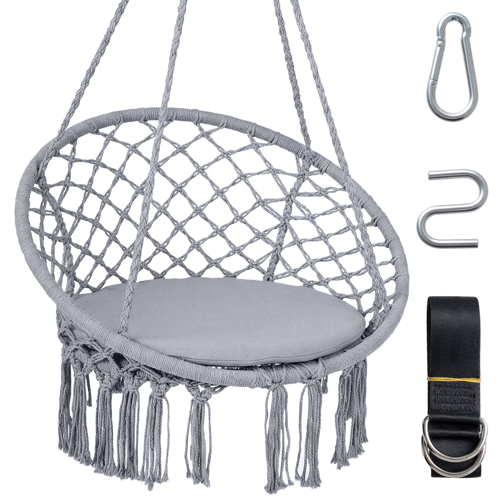 Macrame Swing Chair With Round Seat Cushion, Grey Hammocks Gray at Gallery Canada