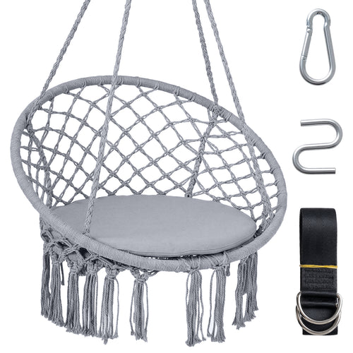 Macrame Swing Chair With Round Seat Cushion, Grey