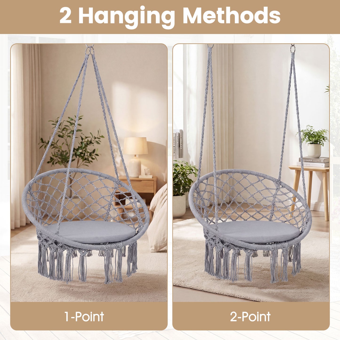 Macrame Swing Chair With Round Seat Cushion, Grey Hammocks at Gallery Canada