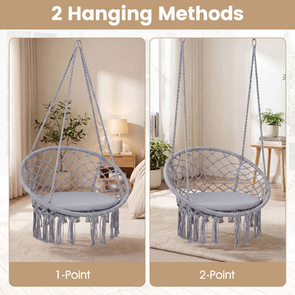 Macrame Swing Chair With Round Seat Cushion, Grey Hammocks at Gallery Canada