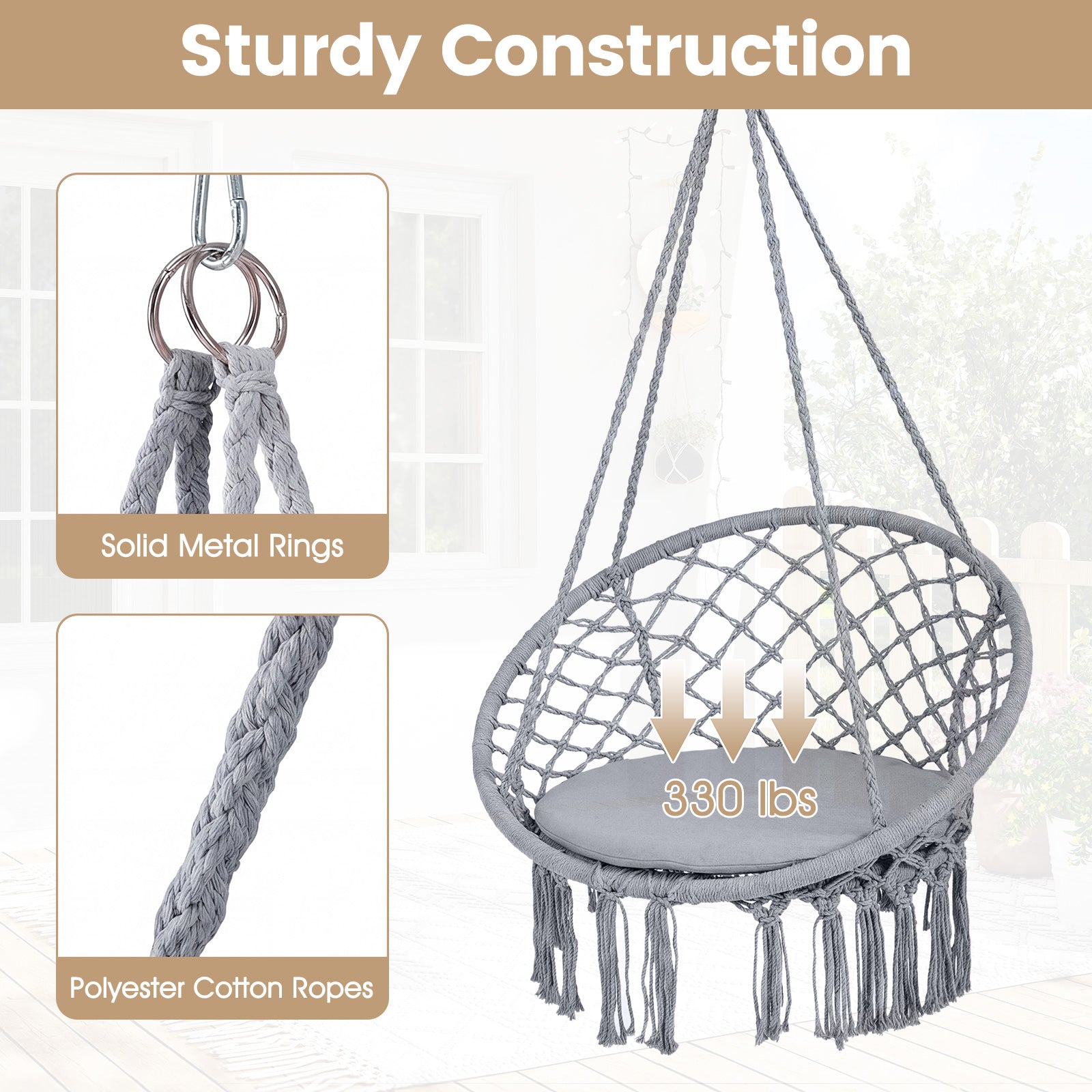 Macrame Swing Chair With Round Seat Cushion, Grey Hammocks at Gallery Canada