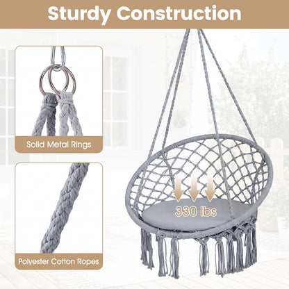 Macrame Swing Chair With Round Seat Cushion, Grey Hammocks at Gallery Canada