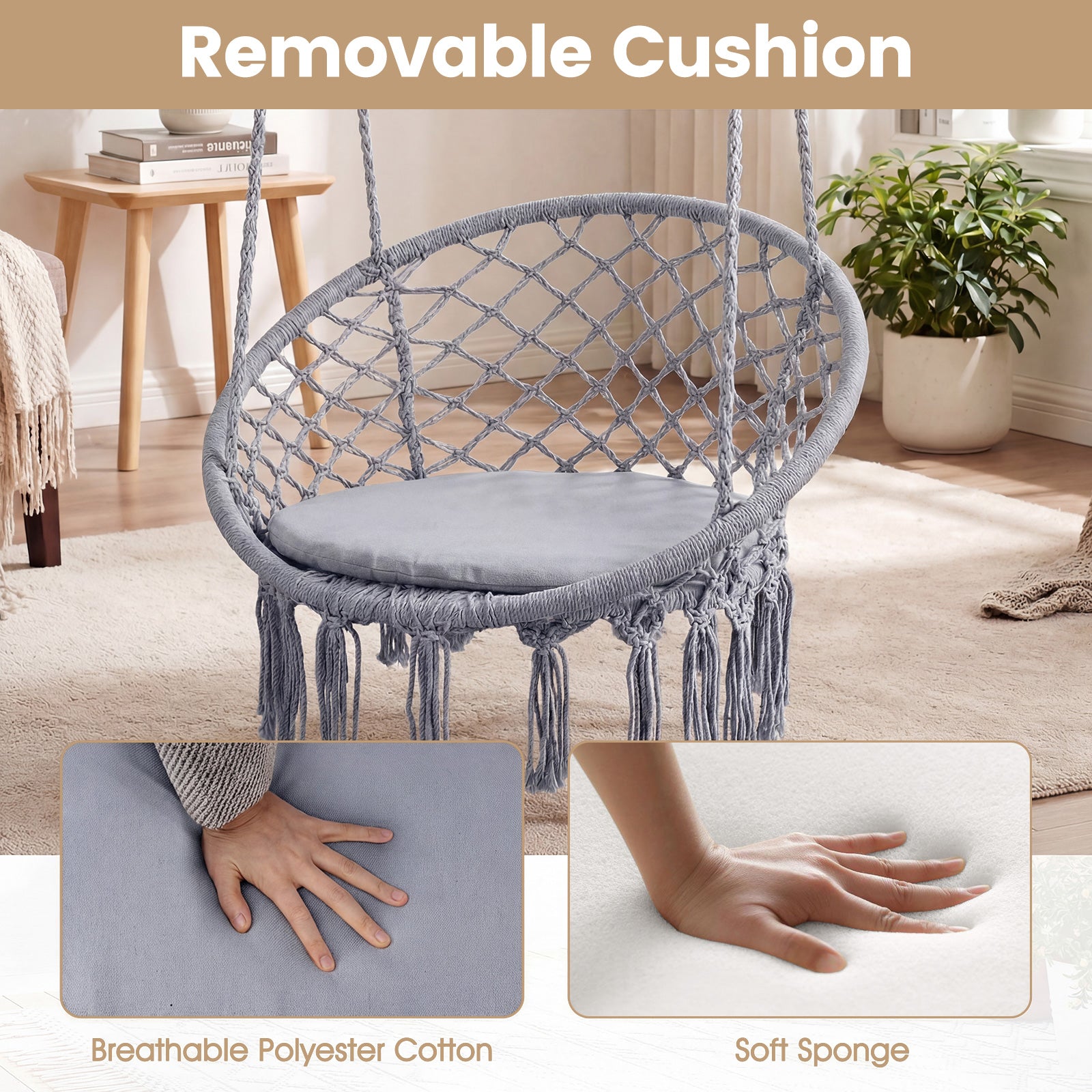 Macrame Swing Chair With Round Seat Cushion, Grey Hammocks at Gallery Canada