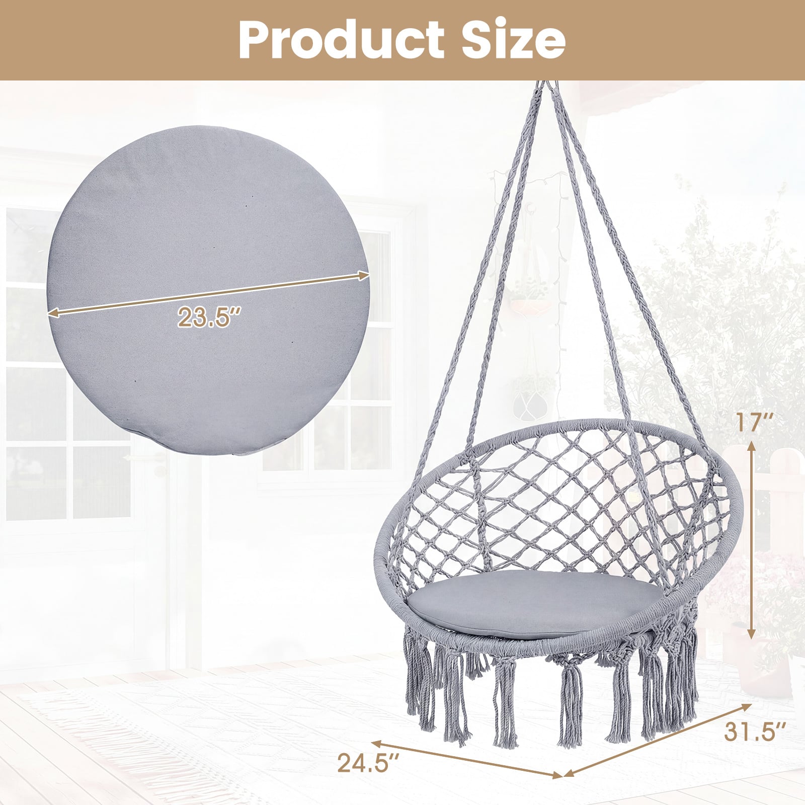 Macrame Swing Chair With Round Seat Cushion, Grey Hammocks at Gallery Canada