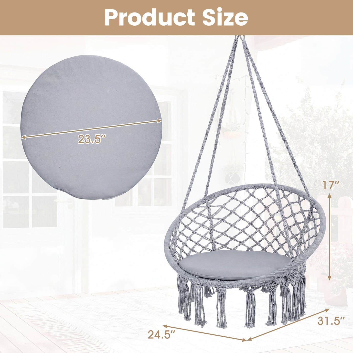 Macrame Swing Chair With Round Seat Cushion, Grey Hammocks at Gallery Canada