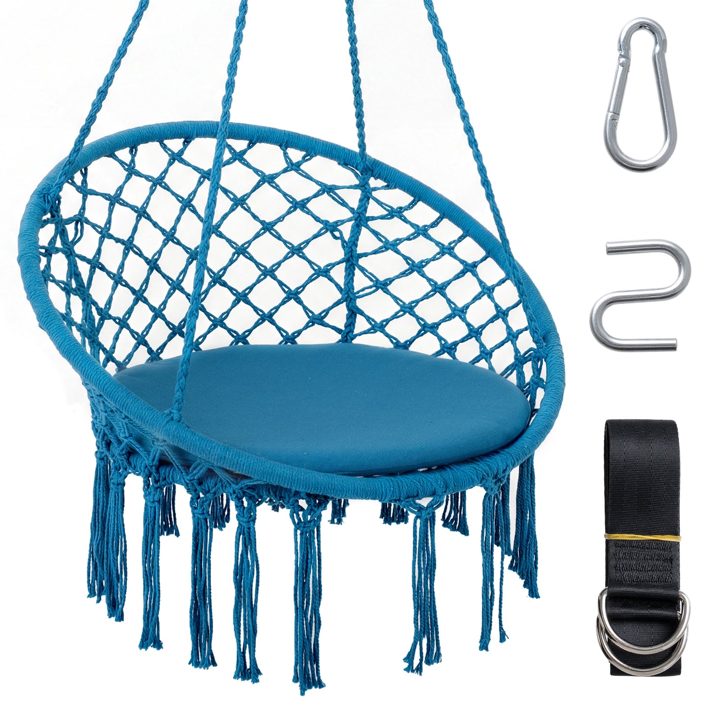 Macrame Swing Chair, Round Seat Cushion, Blue Hammocks at Gallery Canada