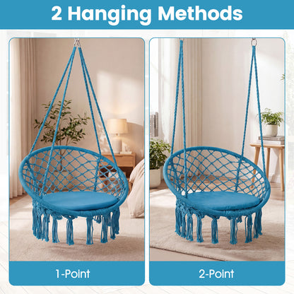 Macrame Swing Chair, Round Seat Cushion, Blue Hammocks at Gallery Canada