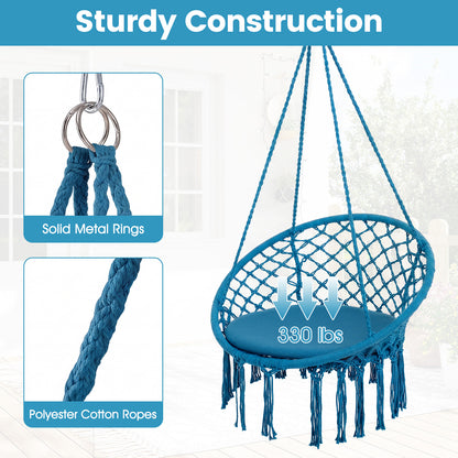 Macrame Swing Chair, Round Seat Cushion, Blue Hammocks at Gallery Canada