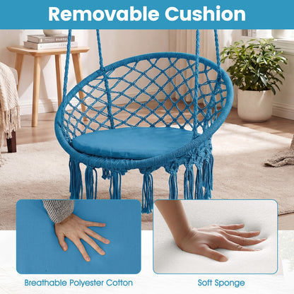 Macrame Swing Chair, Round Seat Cushion, Blue Hammocks at Gallery Canada