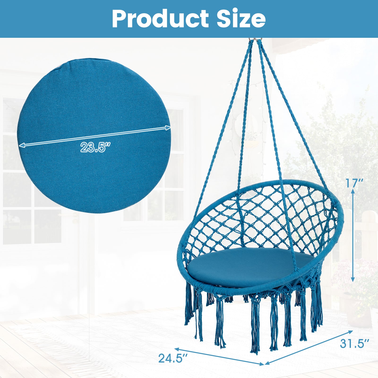 Macrame Swing Chair, Round Seat Cushion, Blue Hammocks at Gallery Canada