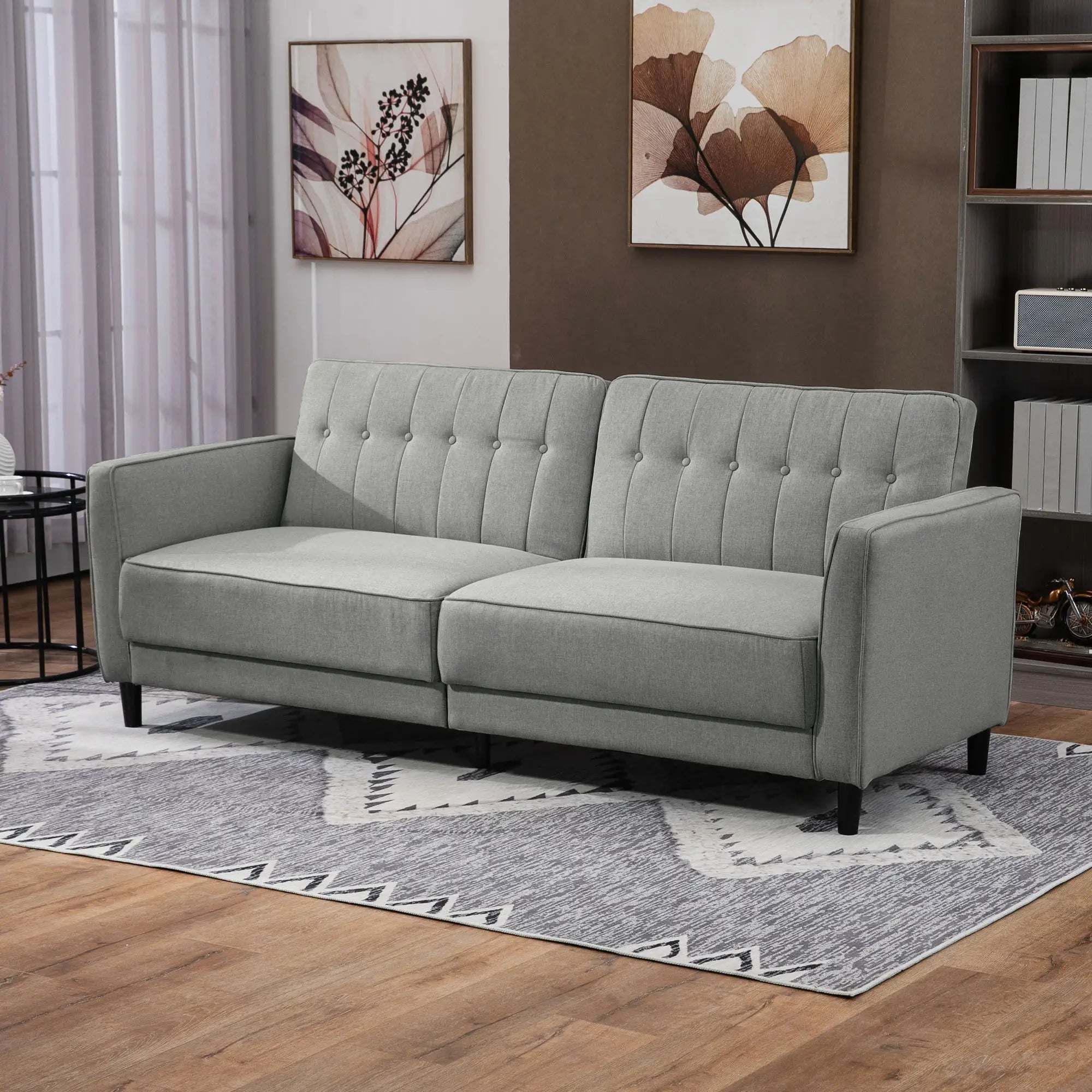 Convertible Bed with Couch, Button Tufted Fabric Sofa Bed, Adjustable Back, Grey 2-Seater Sofas at Gallery Canada