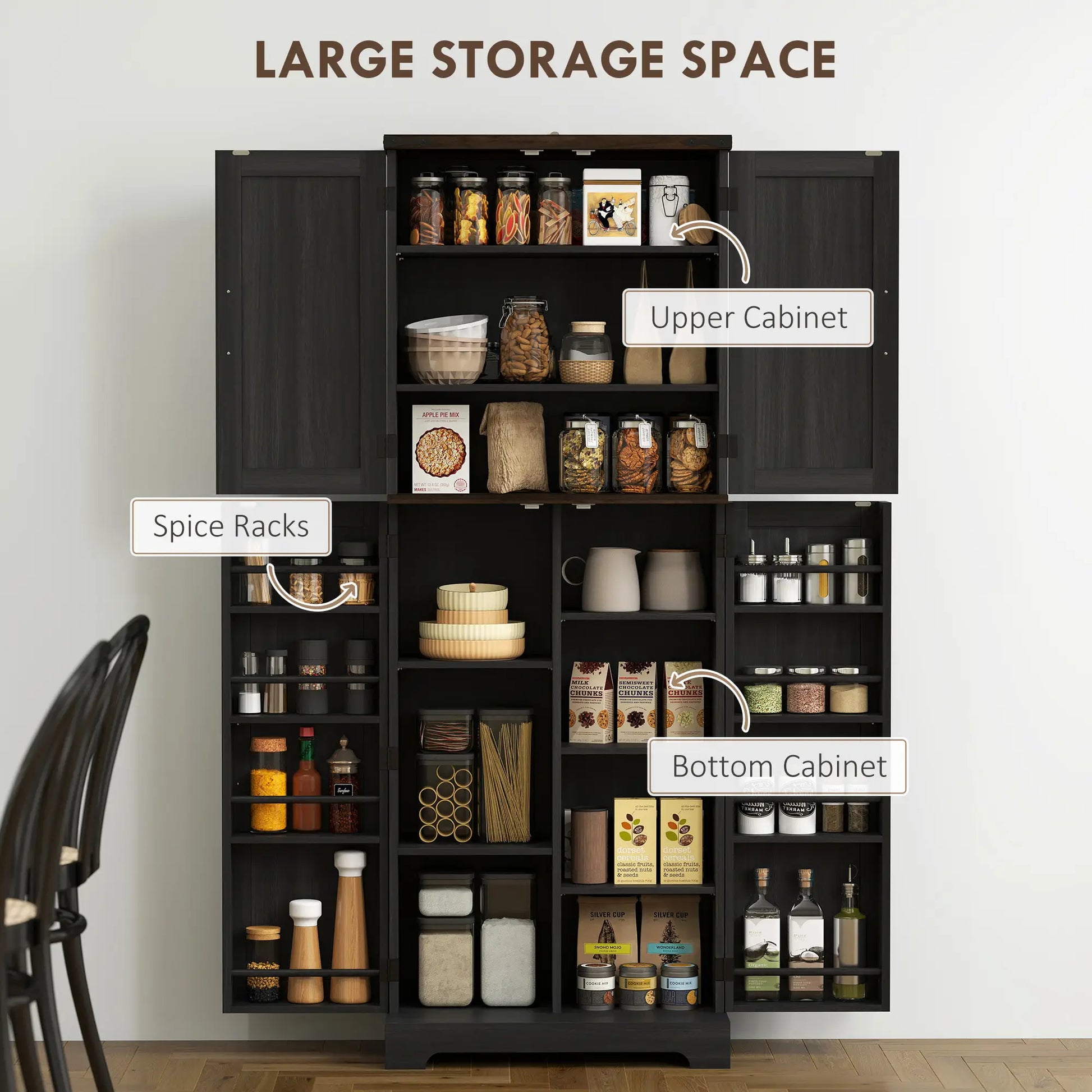 64" Tall Kitchen Pantry Cabinet, Spice Racks, Adjustable Shelves, Black Kitchen Pantry Cabinets at Gallery Canada