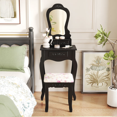 Makeup Dressing Table and Bench 3 Drawers and Cushioned Stool for Girls, Black