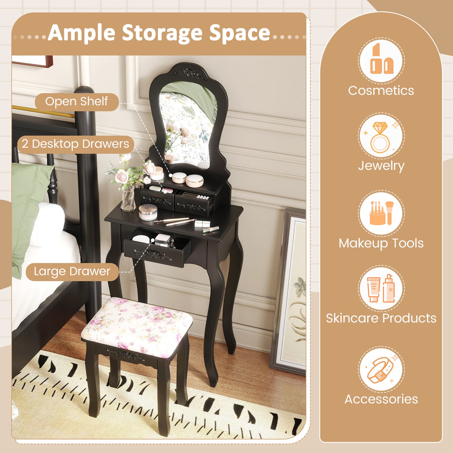 Makeup Dressing Table and Bench 3 Drawers and Cushioned Stool for Girls, Black Makeup Vanities at Gallery Canada