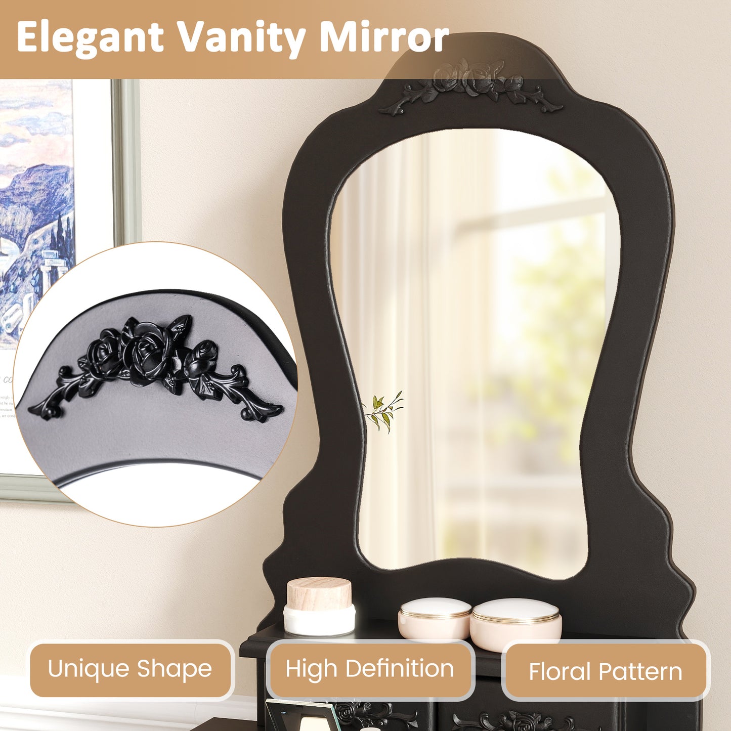 Makeup Dressing Table and Bench 3 Drawers and Cushioned Stool for Girls, Black Makeup Vanities at Gallery Canada