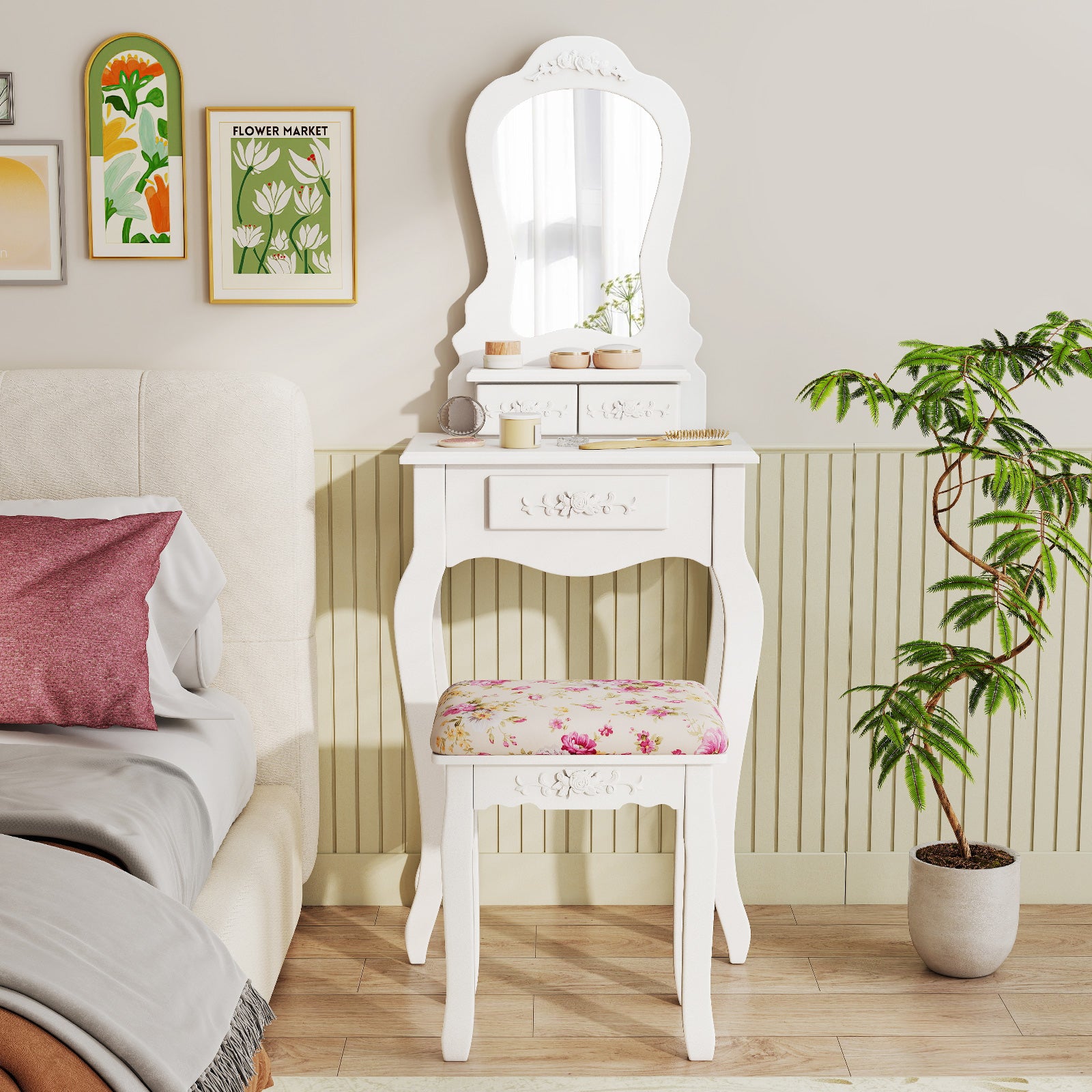 Makeup Dressing Table and Bench 3 Drawers and Cushioned Stool for Girls, White Makeup Vanities at Gallery Canada