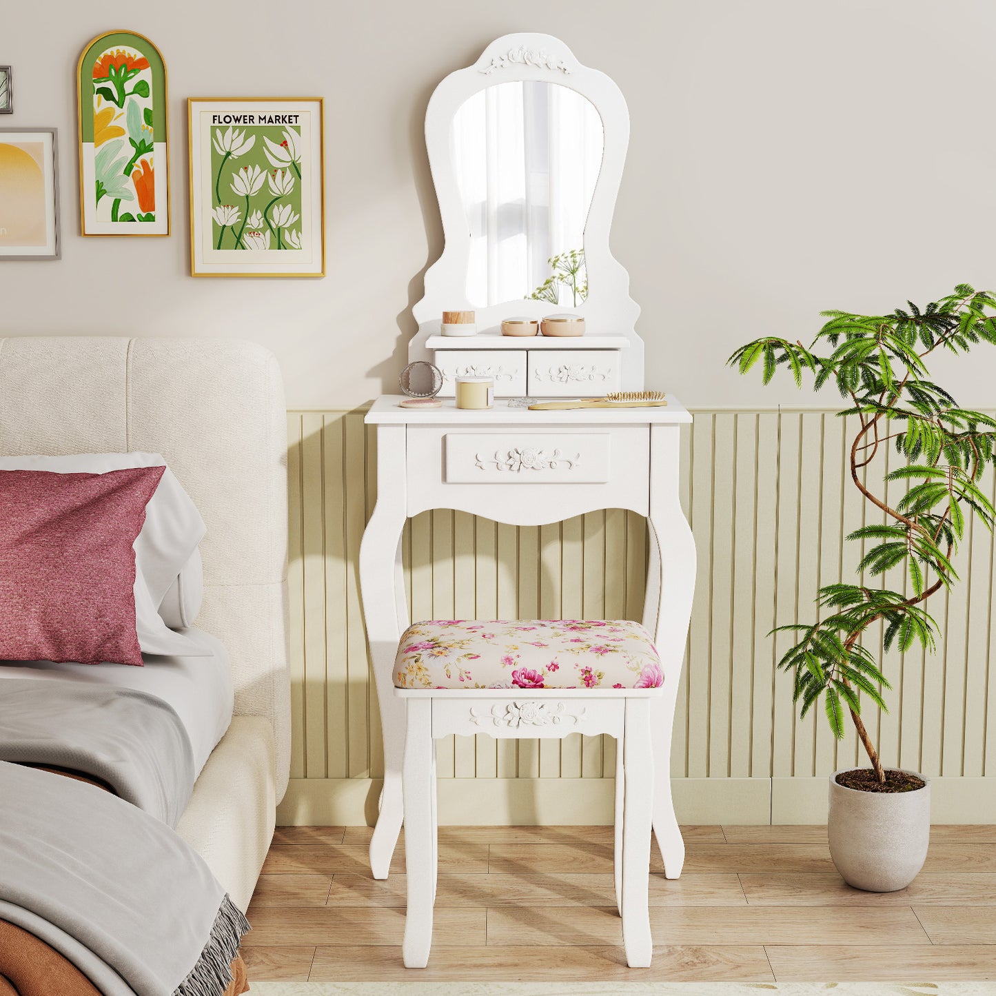 Makeup Dressing Table and Bench 3 Drawers and Cushioned Stool for Girls, White Makeup Vanities at Gallery Canada