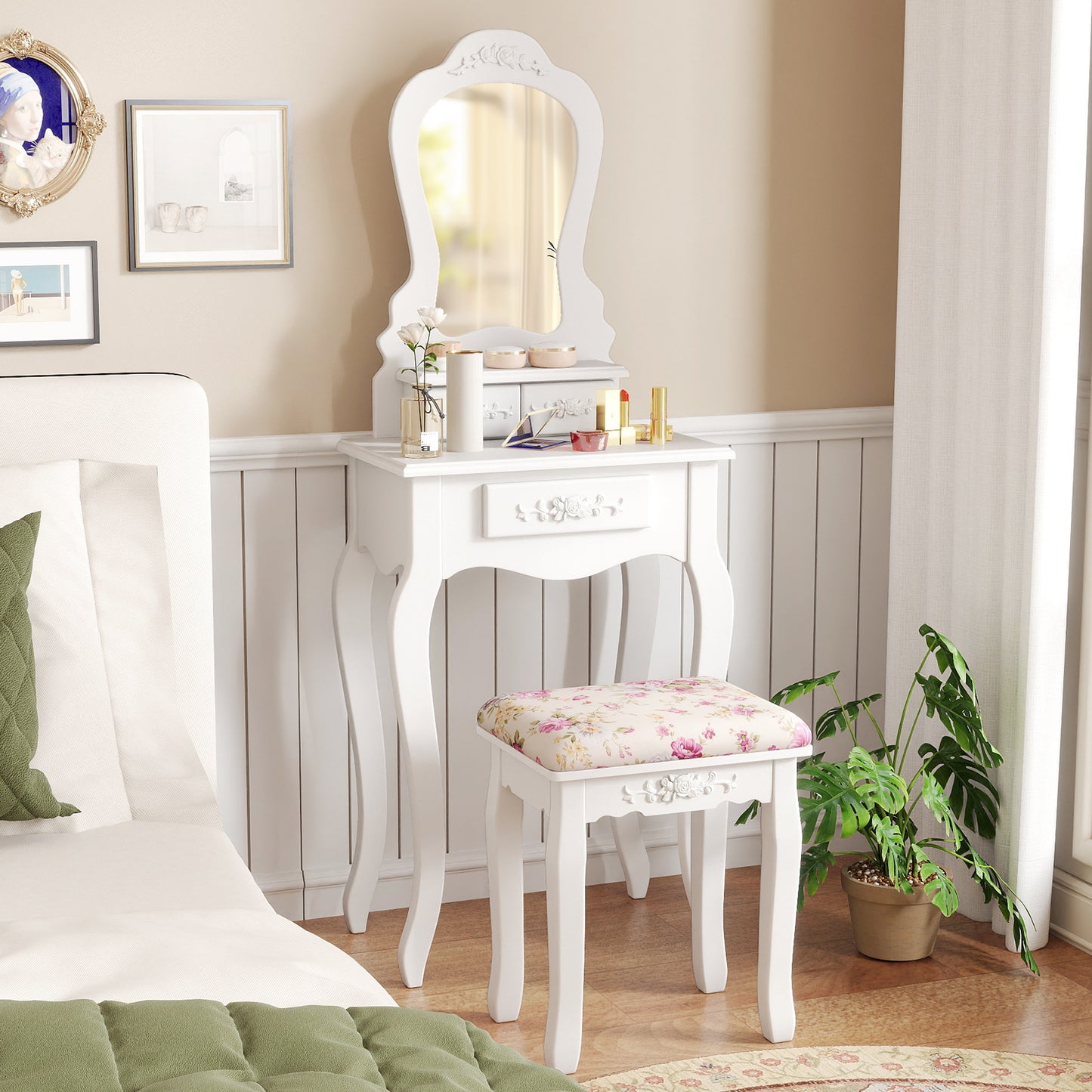 Makeup Dressing Table and Bench 3 Drawers and Cushioned Stool for Girls, White Makeup Vanities at Gallery Canada